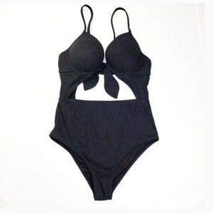 NEW Ribbed Tie Front Cut Out One Piece Black